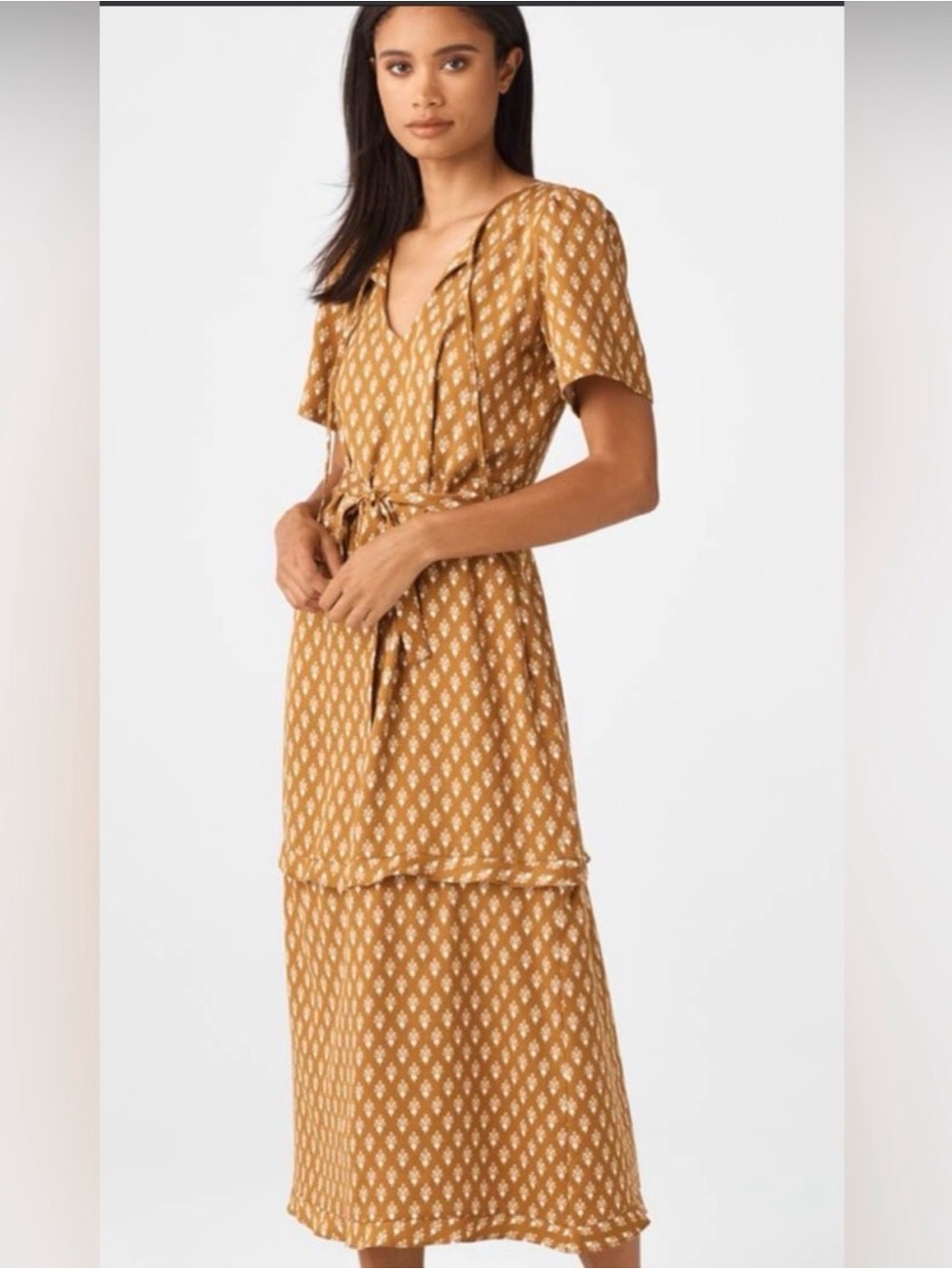 VETTA Gold Printed Short Sleeve Midi House Dress XS
